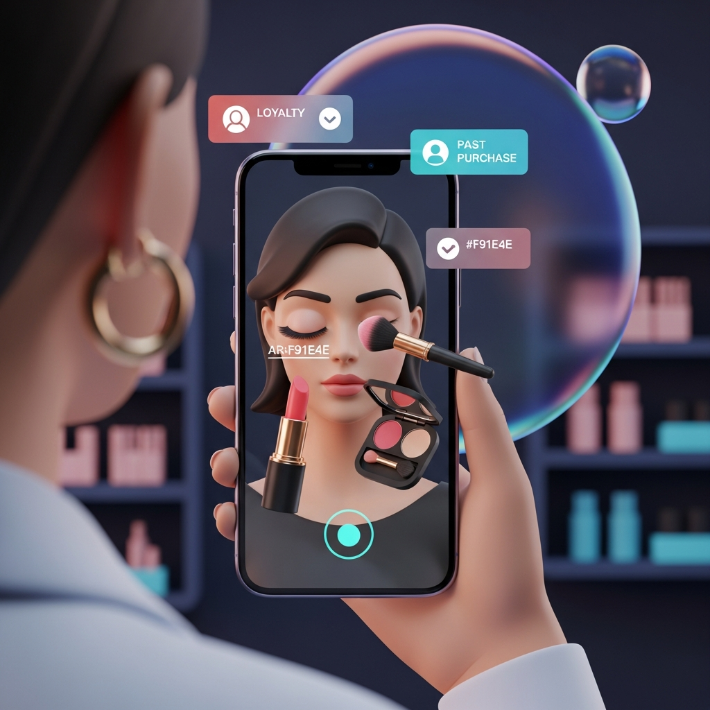 A shopper in a beauty store holding a smartphone that displays a personalized AR makeup tutorial: 3D lipstick and eyeshadow brushes overlaying precisely on the user’s face, with floating UI badges showing loyalty status and past purchase icons in the background.