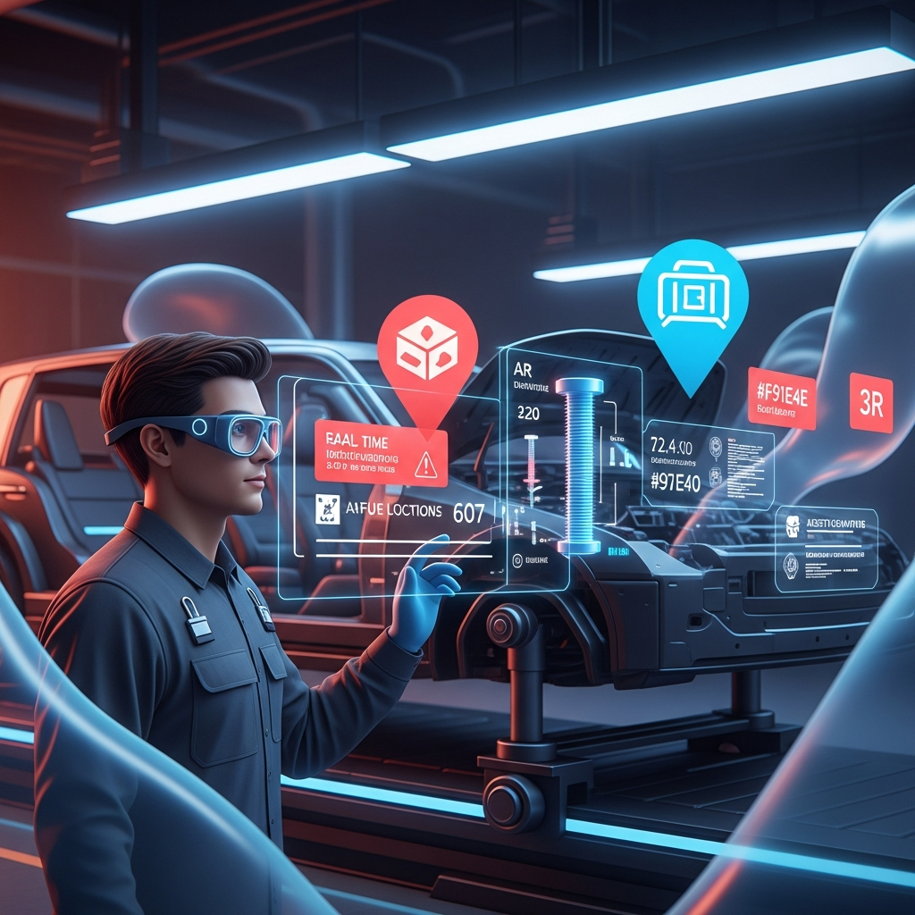 A modern automotive assembly line scene where a technician wears lightweight AR smart glasses; vibrant 3D overlays pinpoint exact bolt locations, torque values, and safety warnings on a vehicle chassis, while edge-computing icons and real-time instructions float in the high-tech factory environment.