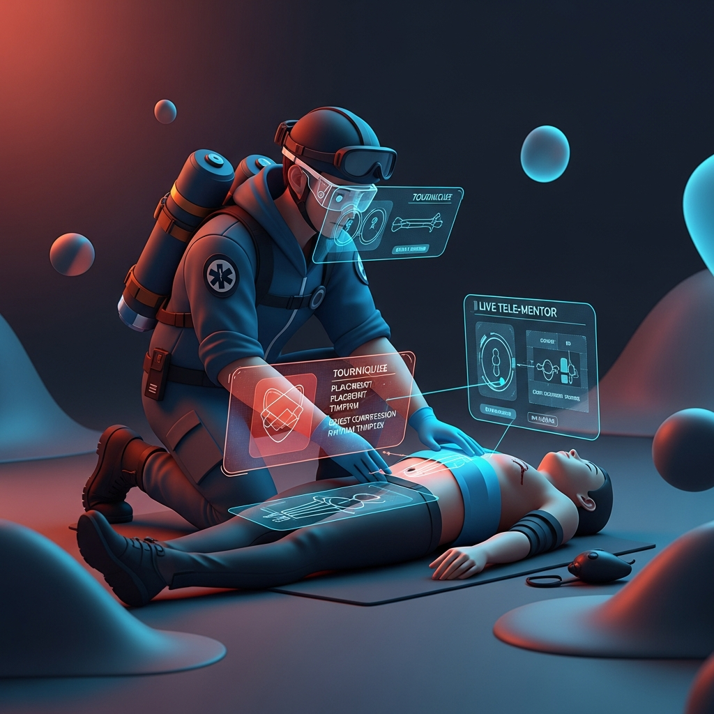 AR-Augmented Medical Assistance in the Golden Hour: a field paramedic in protective gear kneeling beside an injured patient, looking through transparent AR glasses that overlay color-coded procedural diagrams—a tourniquet placement guide, chest-compression rhythm timer, and live tele-mentor annotations—directly onto the patient’s limb and torso
