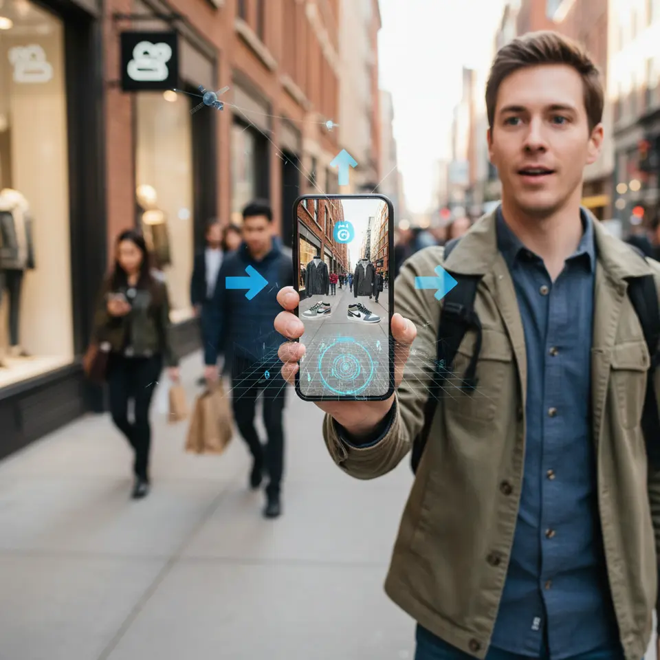 Core Geolocation AR Technology: A smartphone held by a user in a city street scene showing AR overlays—directional arrows pointing to a storefront, 3D product demos anchored to windows—while graphical elements illustrate GPS satellites, Wi-Fi triangulation circles, Bluetooth beacon signals, and a faint SLAM-generated 3D mapping grid overlaid on the environment.
