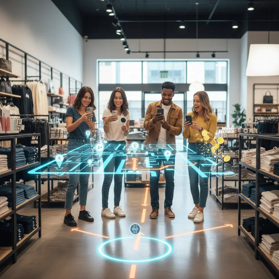 Location-Based AR Retail Adventure: Shoppers in a modern store using their phones to follow a glowing digital treasure map overlaid on aisles, with floating 3D product hotspots, directional arrows on the floor, and animated rewards popping up at key zones.