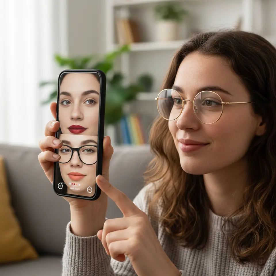 Virtual Try-On Experience: A close-up of a user holding a smartphone in front of their face, with AR overlays showing different lipstick shades and eyeglass frames seamlessly applied in real time, UI icons for shade selection and ‘try again’ buttons visible on screen.
