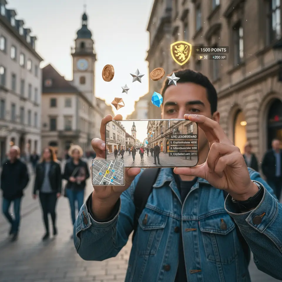 AR gamification overlay in action: a user holding a smartphone up to a city street, with 3D tokens, badges, and point icons superimposed on real-world landmarks, alongside a mini-map and live leaderboard floating on the screen.