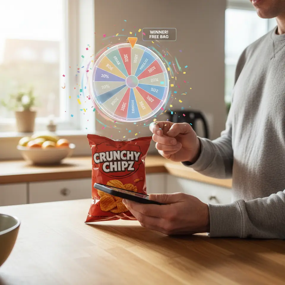AR spin-the-wheel game triggered by product packaging: a close-up of hands holding a branded food package and a phone camera view that summons a vibrant 3D wheel of fortune above the package, complete with colorful prize segments, animated confetti, and digital reward pop-ups.