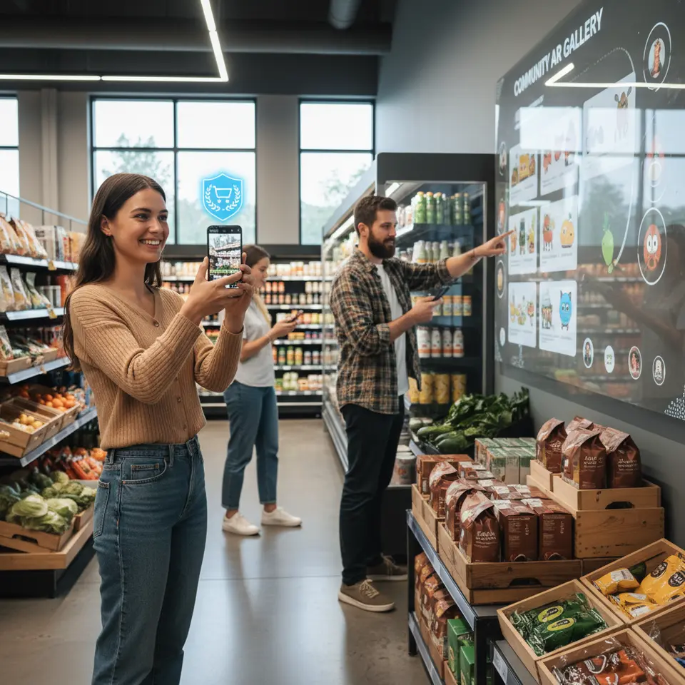 Gamified AR loyalty program: In-store AR scenes where customers scan products to collect points, unlock vibrant digital badges floating above items, and view a community gallery of user-generated AR experiences.