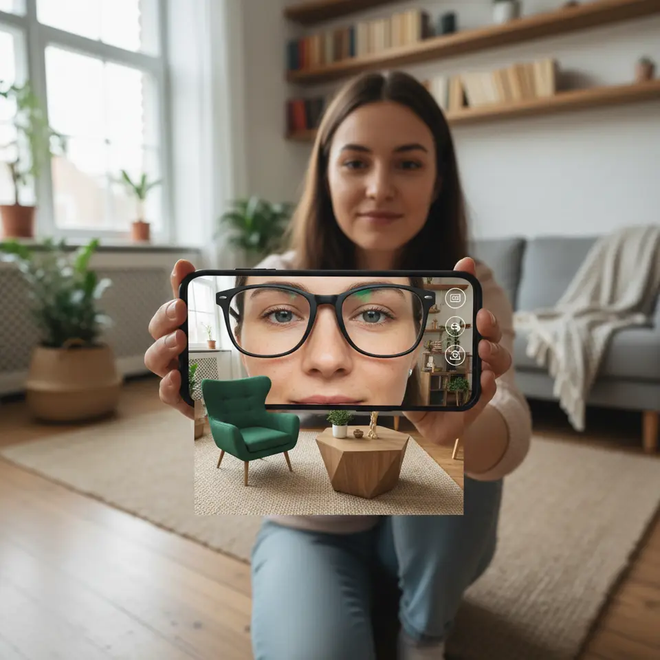 Virtual try-on and 3D product visualization: A smartphone AR view overlaying realistic eyewear on a user’s face and placing lifelike furniture models into a living room, with interactive buttons for color and size options.