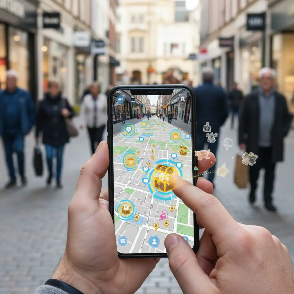 AR-Powered Retail Treasure Hunt: A vibrant city map overlaid on a phone screen with glowing AR hotspots at shop entrances, virtual treasure chest icons unlocking coupons, dotted pathways connecting points of interest, and a user’s hand tapping a smartphone to reveal playful digital collectibles in a real-world shopping district.