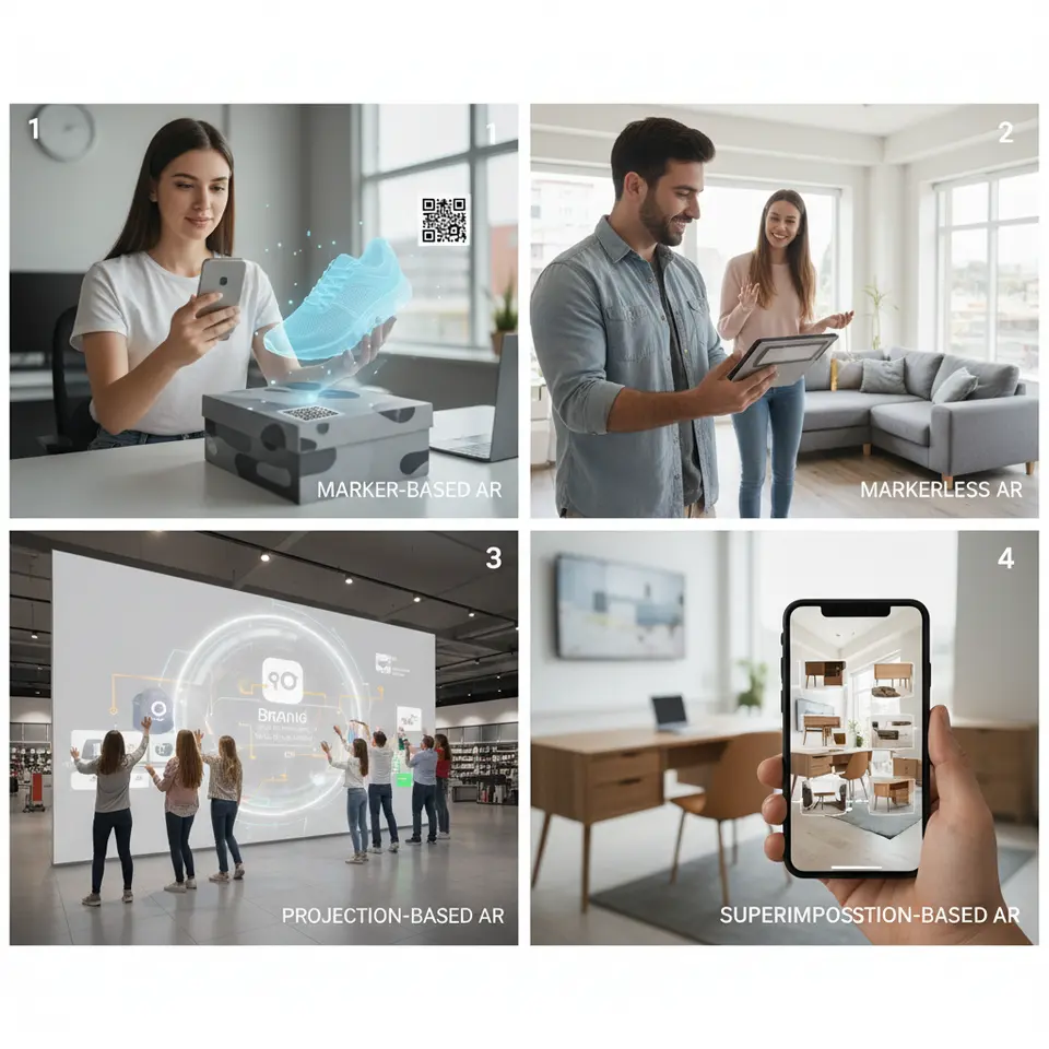 Composite illustration of the four core AR technologies in retail: (1) Marker-based AR—customer scans a QR code on a product box with a smartphone and a 3D shoe model pops up, (2) Markerless AR—a virtual sofa appears in a living room via a tablet view, (3) Projection-based AR—interactive branding and product info projected onto a store wall with shoppers interacting, (4) Superimposition-based AR—furniture items swap out in a real room scene on a mobile screen.