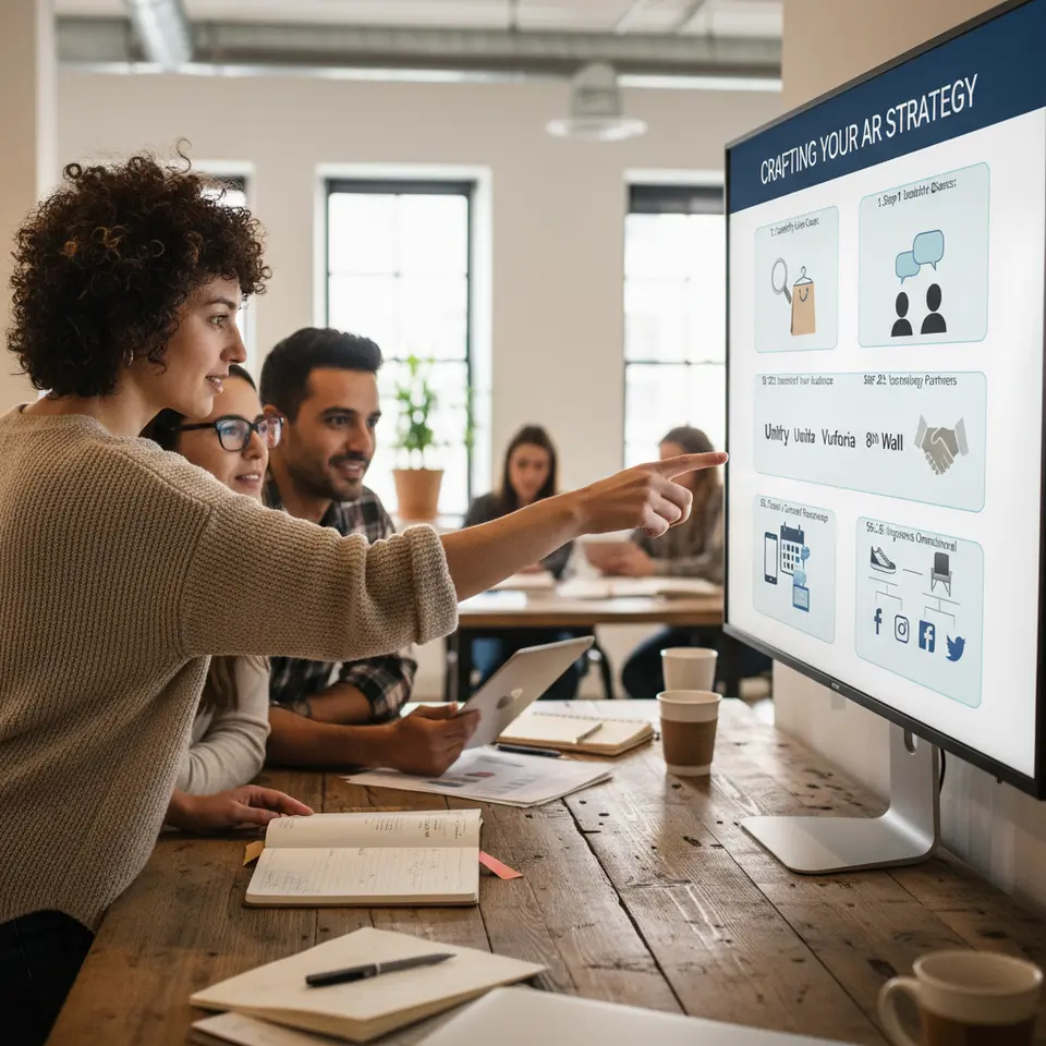Vertical roadmap infographic showing the five key steps to craft an AR strategy: Step 1: Identify Use Cases (icon of a magnifying glass over a clothing rack and shopping bag), Step 2: Understand Your Audience (silhouettes with chat bubbles), Step 3: Select Technology Partners (logos of Unity, Vuforia, 8th Wall above a handshake), Step 4: Create a Content Roadmap (calendar overlaid with 3D model thumbnails), Step 5: Integrate Omnichannel (connected icons: smartphone, in-store kiosk, social media logos).