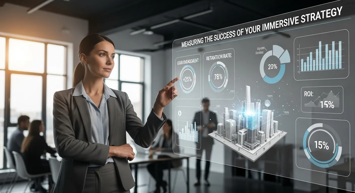 Modern analytics infographic illustrating measuring the success of an immersive strategy, featuring AR/VR engagement metrics, user interaction heatmaps, conversion funnels, retention rates, experience tracking dashboards, and performance growth charts in a clean futuristic design.