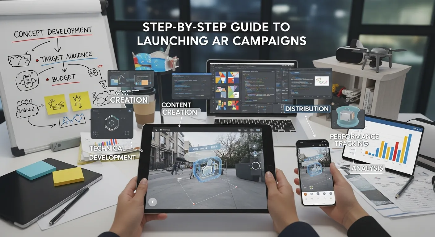 Modern marketing infographic illustrating a step-by-step guide to launching AR campaigns, featuring concept planning, AR content creation, 3D asset development, platform integration, user testing, campaign deployment, and performance tracking in a clean futuristic augmented reality design.