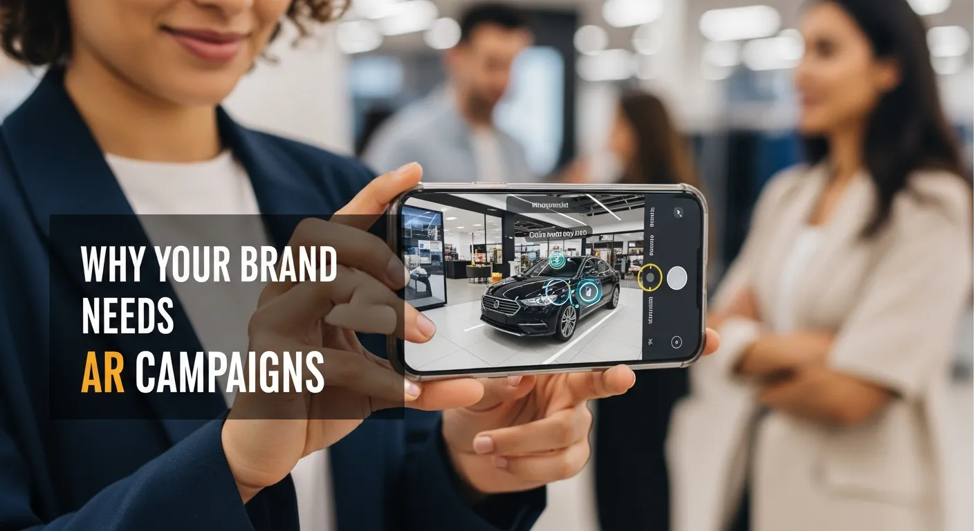 Modern digital marketing infographic illustrating why your brand needs AR campaigns, featuring augmented reality product experiences, interactive customer engagement, immersive storytelling, mobile AR overlays, brand visibility growth, and innovation-driven marketing visuals in a clean futuristic design.
